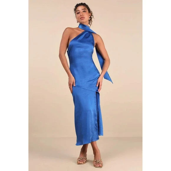 Lulus Reglan Blue Satin One-Shoulder Sash Midi Dress Size XS - Picture 3 of 4